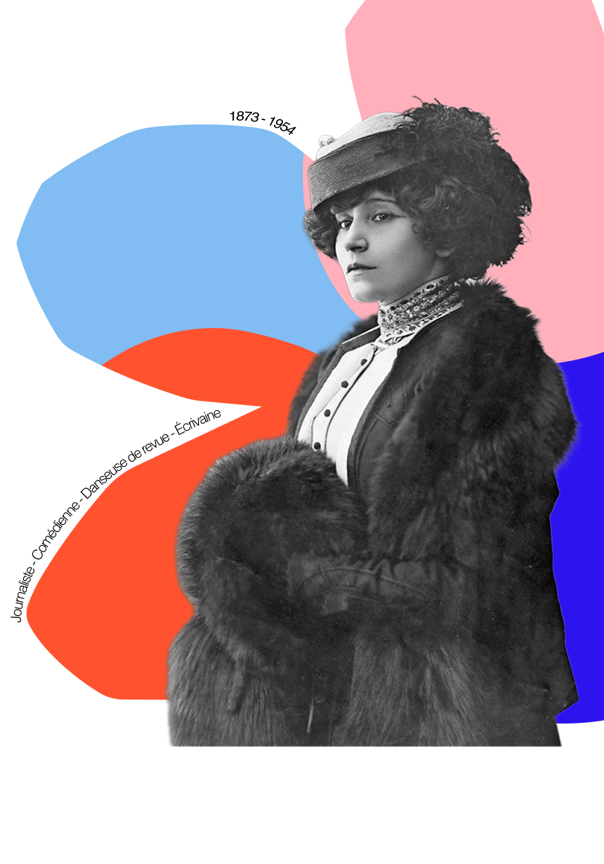Portrait de Colette (1873–1954), journaliste, comédienne, danseuse de revue et écrivaine, sur un collage de formes colorées