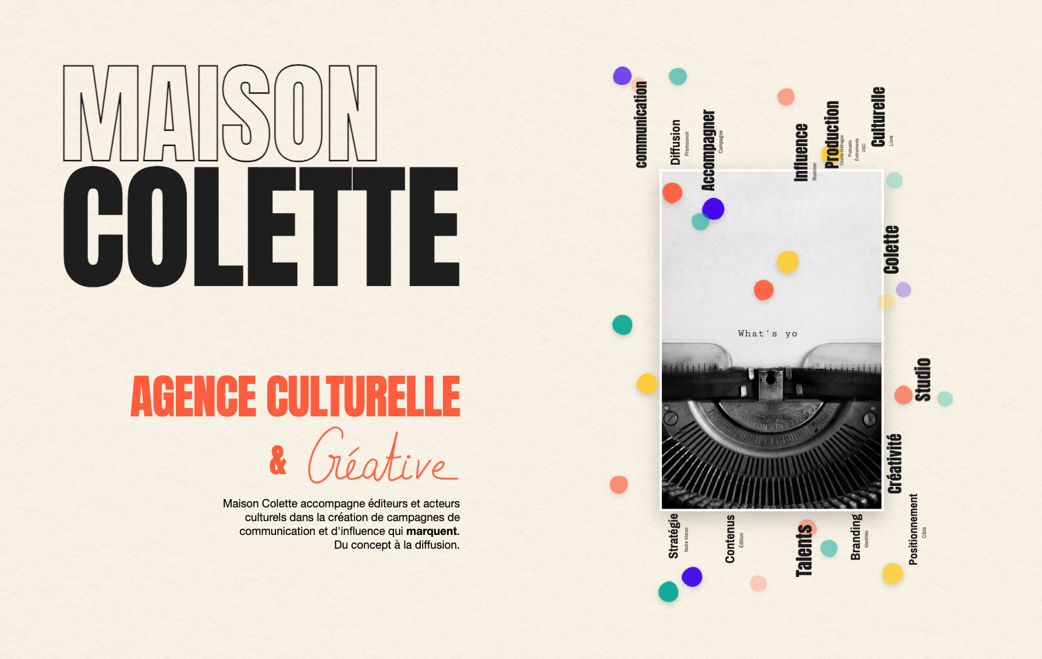 Visuel Maison Colette : machine à écrire et « What's your story ? »