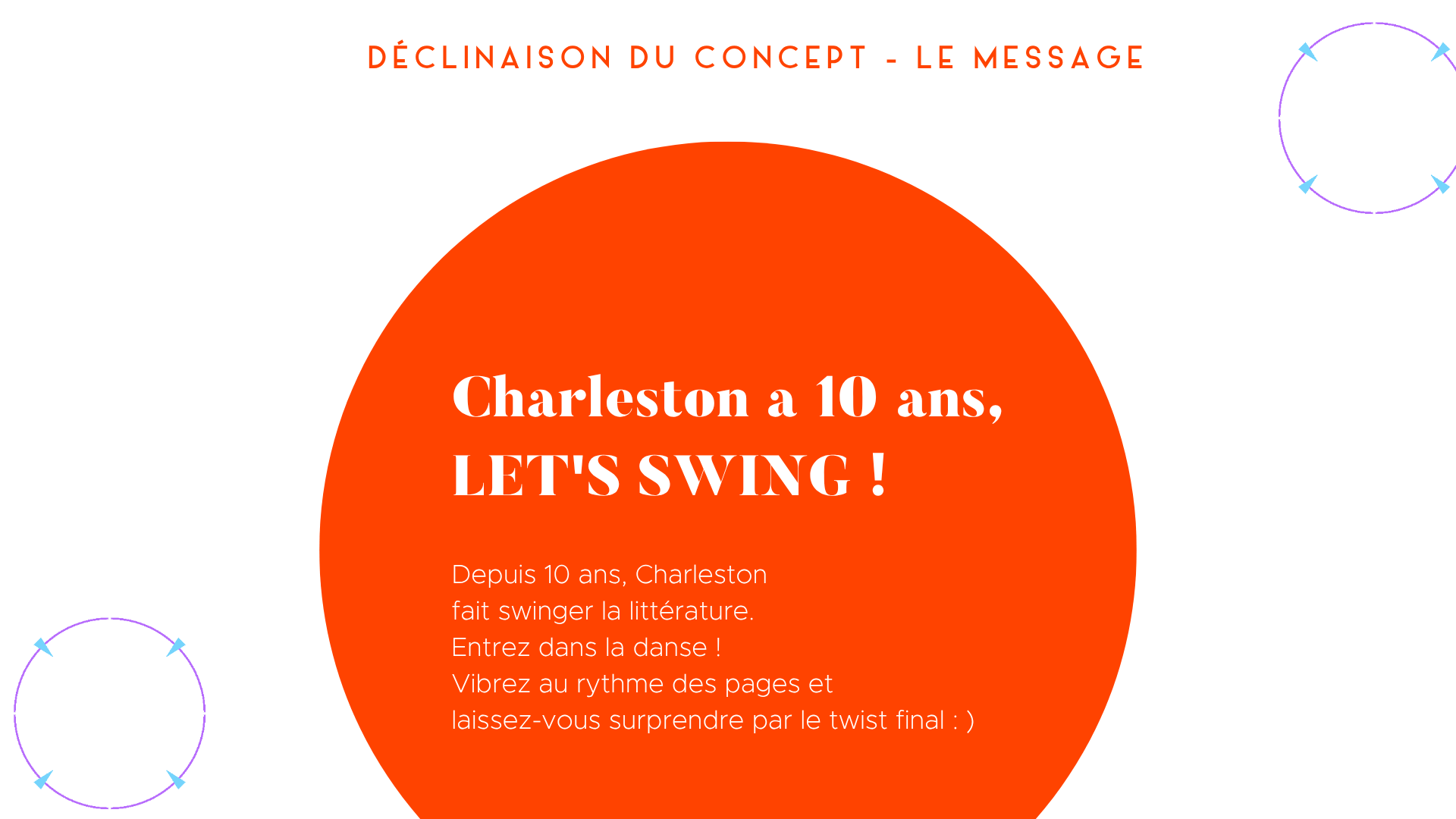 Planche du concept 1 — le message « Charleston a 10 ans, let’s swing ! »