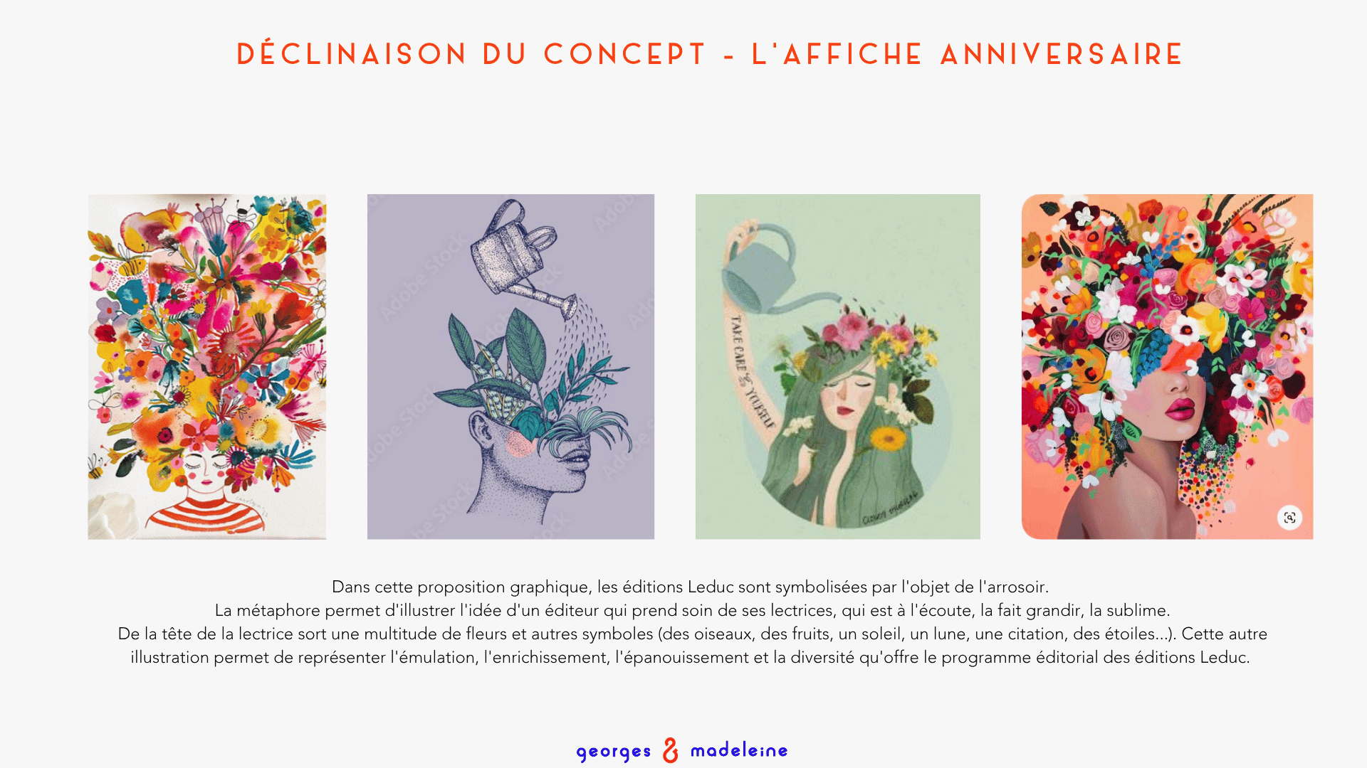 Concept 1 — l’affiche anniversaire, la lectrice en fleurs et l’arrosoir