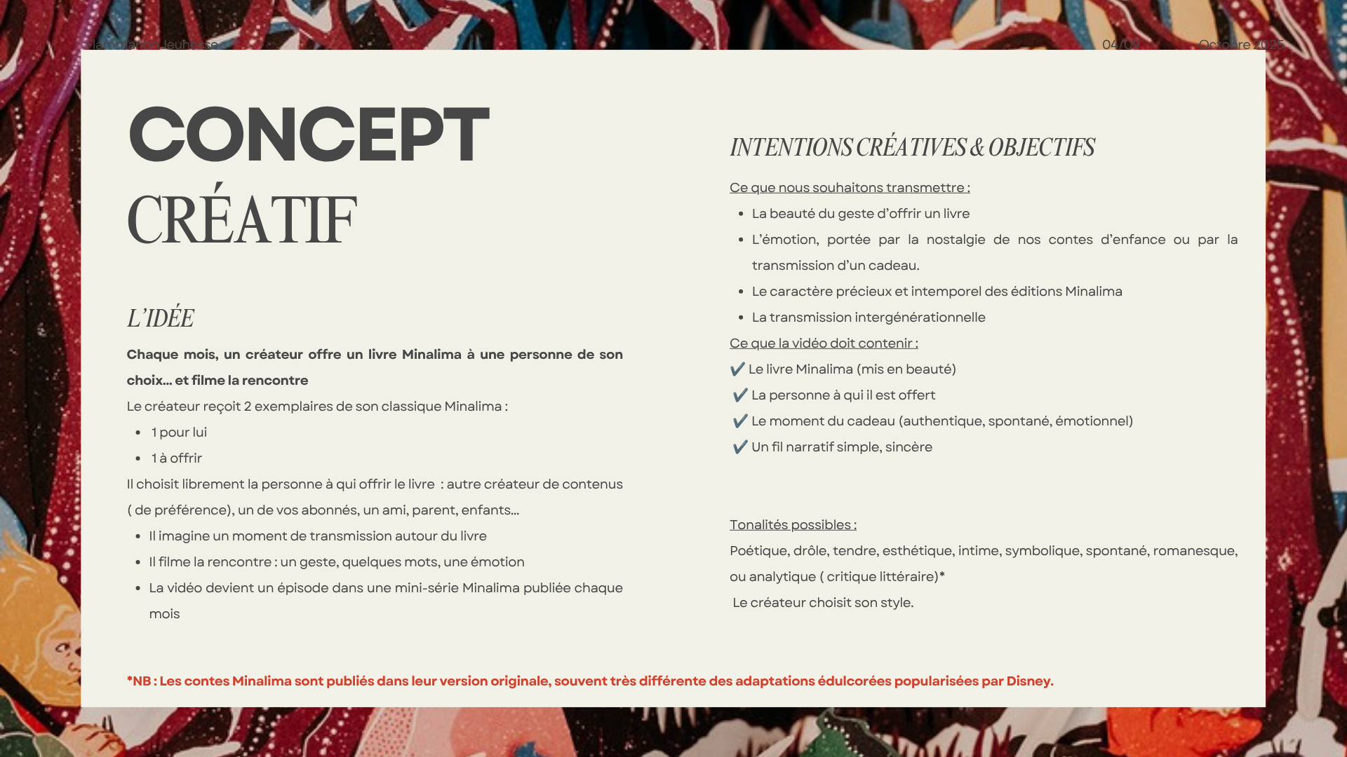 Planche concept créatif — chaque mois, un créateur offre un livre et filme la rencontre